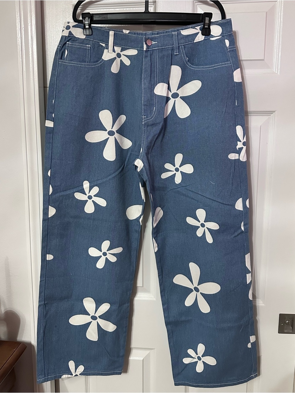 Blue Floral Print Wide Leg Jeans, Size 1XL